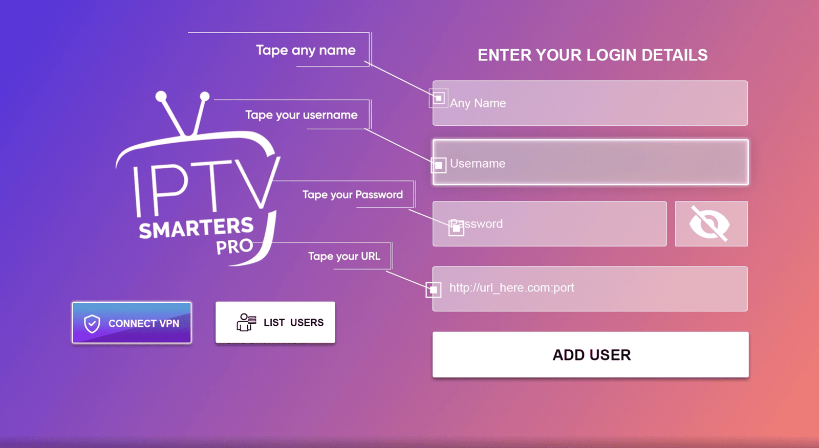 Voorbeeld van invoervelden in een IPTV-afspeelapp